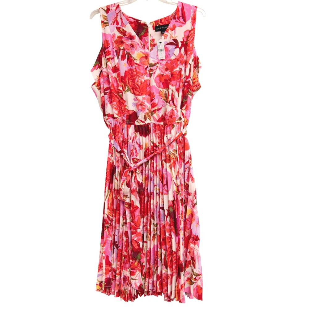 Lane Bryant Sz 28 NEW Floral Print Pleated Midi Dress Pink & Red Sleeveless Plus